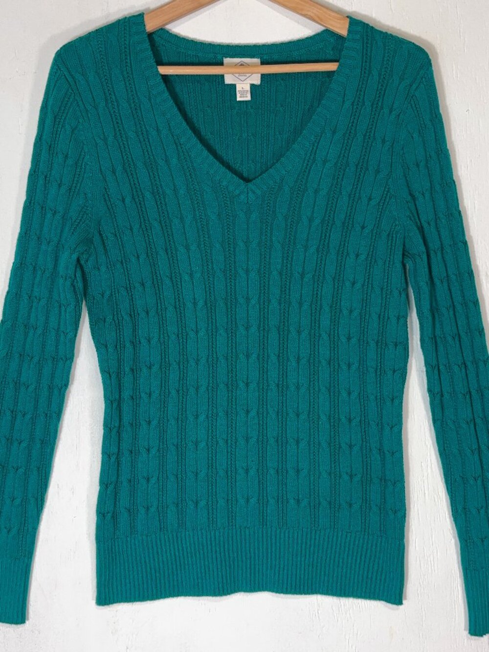 St Johns Bay Cable Knit Academia Sweater Womens L Teal Blue V-Neck Preppy